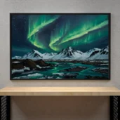 Icelandic Aurora Borealis Over Mountains – Northern Lights Digital Wall Art, Horizontal Printable Poster, Nordic Landscape Decor, Instant Download