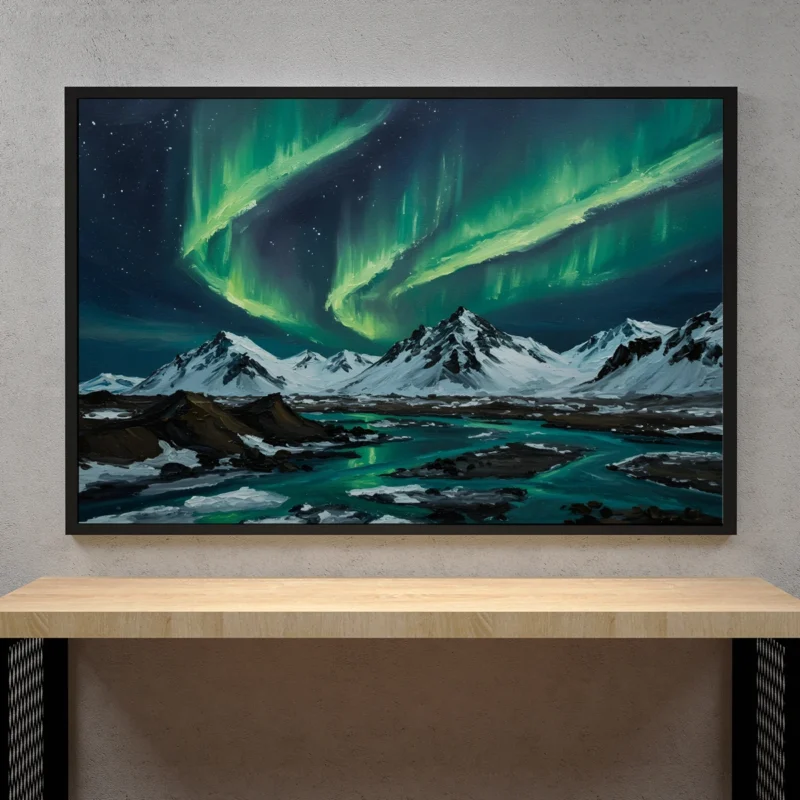 Icelandic Aurora Borealis Over Mountains – Northern Lights Digital Wall Art, Horizontal Printable Poster, Nordic Landscape Decor, Instant Download