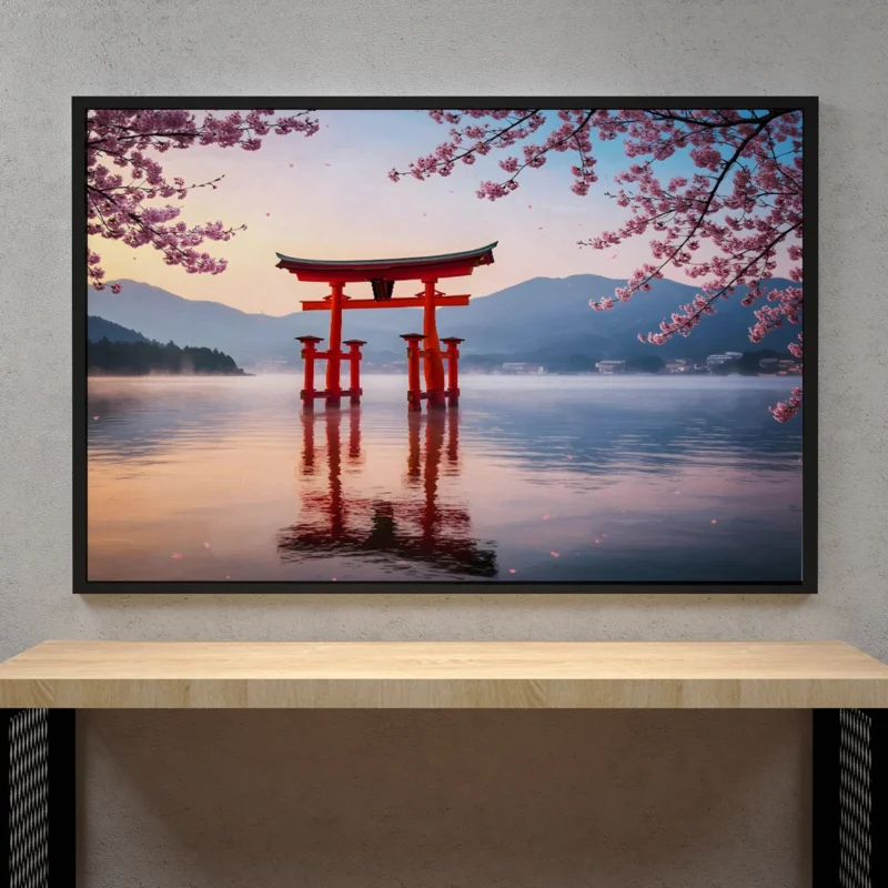 Japanese Torii Gate Over Water – Serene Landscape Digital Wall Art, Horizontal Printable Poster, Zen Decor, Instant Download
