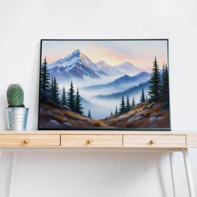 Misty Mountain Sunrise – Tranquil Mountain Landscape Digital Wall Art, Horizontal Printable Poster, Nature Sunrise Decor, Instant Download