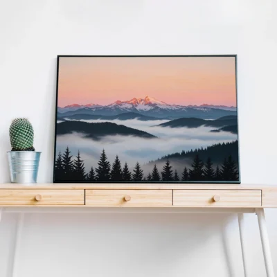 Misty Mountain Sunset – Serene Mountain Landscape Digital Wall Art, Horizontal Printable Poster, Nature Sunset Decor, Instant Download