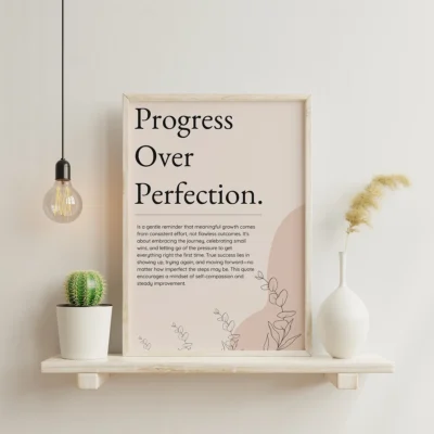 Progress Over Perfection – Motivational Quote Typography Wall Art, Printable Poster, Minimalist Self-Growth Decor, Instant Download