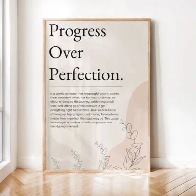 Progress Over Perfection – Motivational Quote Typography Wall Art, Printable Poster, Minimalist Self-Growth Decor, Instant Download