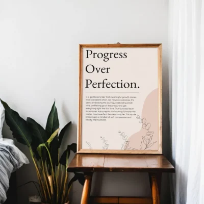 Progress Over Perfection – Motivational Quote Typography Wall Art, Printable Poster, Minimalist Self-Growth Decor, Instant Download