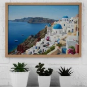Santorini Cliffs & Blue Domes – Greek Island Landscape Digital Wall Art, Horizontal Printable Poster, Mediterranean Travel Decor, Instant Download