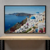 Santorini Cliffs & Blue Domes – Greek Island Landscape Digital Wall Art, Horizontal Printable Poster, Mediterranean Travel Decor, Instant Download