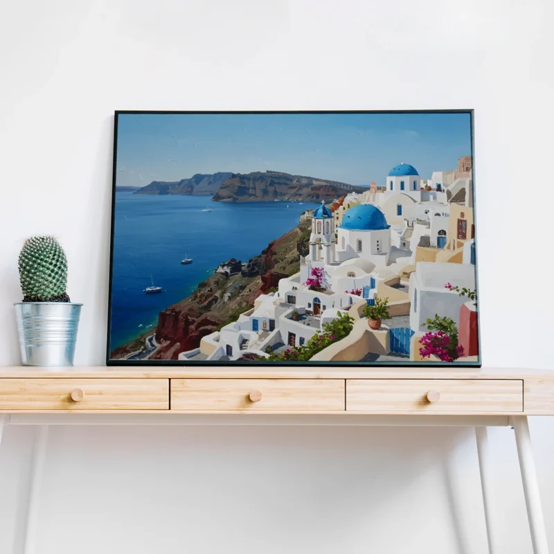 Santorini Cliffs & Blue Domes – Greek Island Landscape Digital Wall Art, Horizontal Printable Poster, Mediterranean Travel Decor, Instant Download