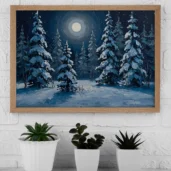 Snowy Pine Forest in Moonlight – Winter Landscape Digital Wall Art, Horizontal Printable Poster, Night Forest Decor, Instant Download
