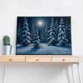 Snowy Pine Forest in Moonlight – Winter Landscape Digital Wall Art, Horizontal Printable Poster, Night Forest Decor, Instant Download