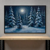 Snowy Pine Forest in Moonlight – Winter Landscape Digital Wall Art, Horizontal Printable Poster, Night Forest Decor, Instant Download