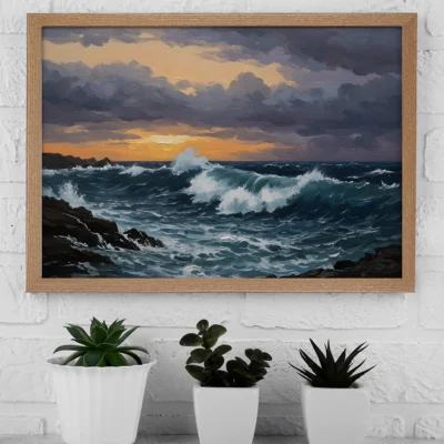 Stormy Ocean Waves Crashing on Rocks – Dramatic Seascape Digital Wall Art, Horizontal Printable Poster, Coastal Ocean Decor, Instant Download