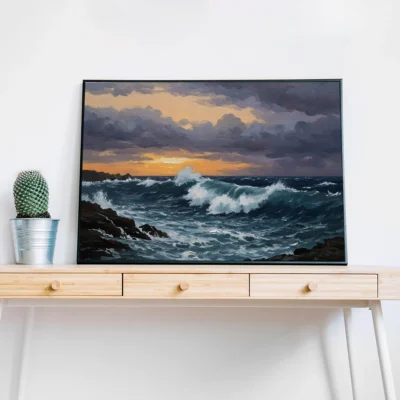 Stormy Ocean Waves Crashing on Rocks – Dramatic Seascape Digital Wall Art, Horizontal Printable Poster, Coastal Ocean Decor, Instant Download