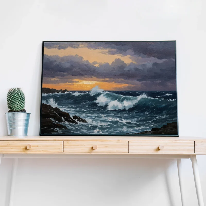 Stormy Ocean Waves Crashing on Rocks – Dramatic Seascape Digital Wall Art, Horizontal Printable Poster, Coastal Ocean Decor, Instant Download