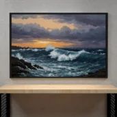 Stormy Ocean Waves Crashing on Rocks – Dramatic Seascape Digital Wall Art, Horizontal Printable Poster, Coastal Ocean Decor, Instant Download