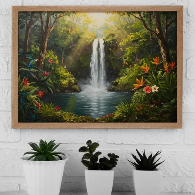 Waterfall in a Hidden Jungle – Lush Tropical Landscape Digital Wall Art, Horizontal Printable Poster, Nature Adventure Decor, Instant Download