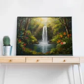 Waterfall in a Hidden Jungle – Lush Tropical Landscape Digital Wall Art, Horizontal Printable Poster, Nature Adventure Decor, Instant Download