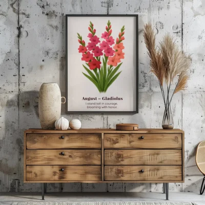 August Birth Flower Wall Art, Gladiolus Botanical Print, Instant Download, Birth Month Poster, Self-Care Birthday Gift