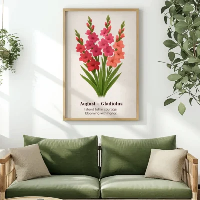 August Birth Flower Wall Art, Gladiolus Botanical Print, Instant Download, Birth Month Poster, Self-Care Birthday Gift