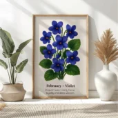 February Birth Flower Wall Art, Violet Botanical Print, Instant Download, Birth Month Poster, Self-Care Birthday Gift