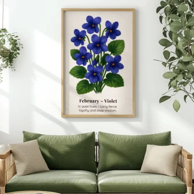 February Birth Flower Wall Art, Violet Botanical Print, Instant Download, Birth Month Poster, Self-Care Birthday Gift