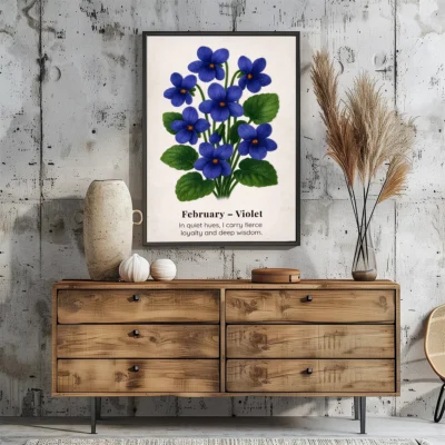 February Birth Flower Wall Art, Violet Botanical Print, Instant Download, Birth Month Poster, Self-Care Birthday Gift