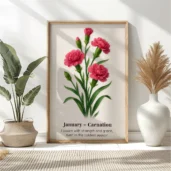 January Birth Flower Wall Art, Carnation Botanical Print, Instant Download, Birth Month Poster, Self-Care Birthday Gift