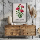 January Birth Flower Wall Art, Carnation Botanical Print, Instant Download, Birth Month Poster, Self-Care Birthday Gift