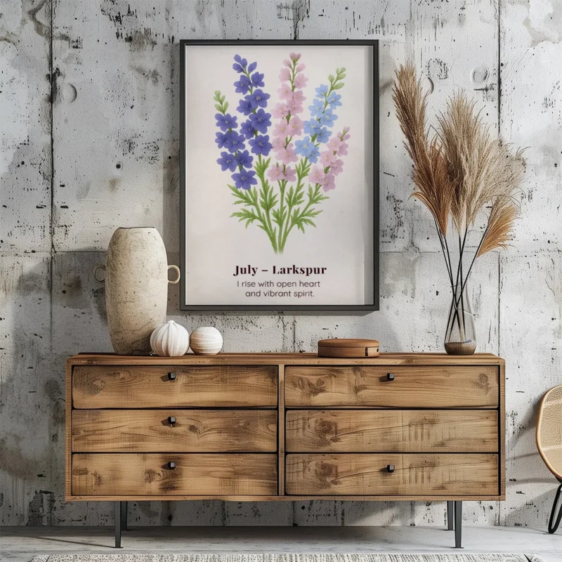 July Birth Flower Wall Art, Larkspur Botanical Print, Instant Download, Birth Month Poster, Self-Care Birthday Gift