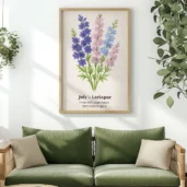 July Birth Flower Wall Art, Larkspur Botanical Print, Instant Download, Birth Month Poster, Self-Care Birthday Gift