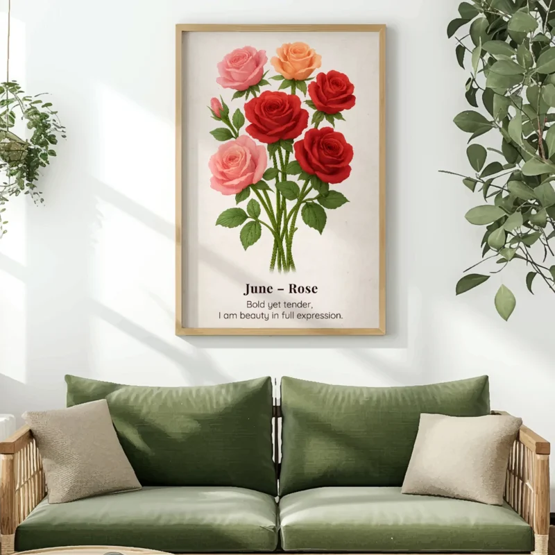June Birth Flower Wall Art, Rose Botanical Print, Instant Download, Birth Month Poster, Self-Care Birthday Gift