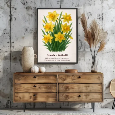 March Birth Flower Wall Art, Daffodil Botanical Print, Instant Download, Birth Month Poster, Self-Care Birthday Gift