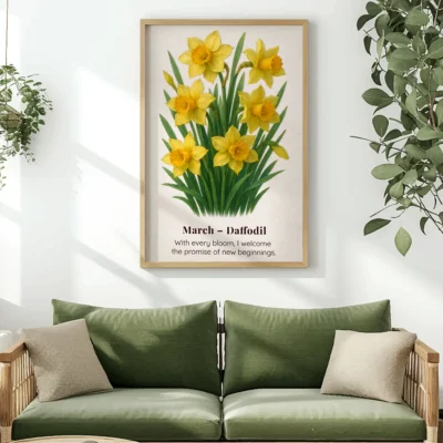 March Birth Flower Wall Art, Daffodil Botanical Print, Instant Download, Birth Month Poster, Self-Care Birthday Gift