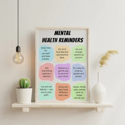 Mental Health Reminders Printable Wall Art – Self-Care and Wellness Poster, Digital Download for Home or Office Decor