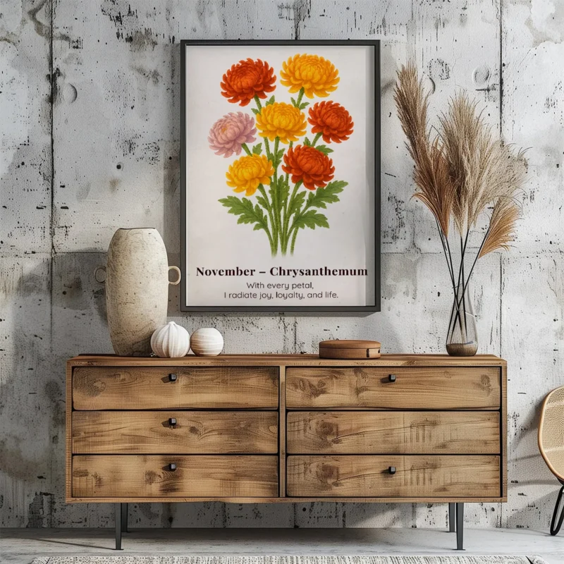November Birth Flower Wall Art, Chrysanthemum Botanical Print, Instant Download, Birth Month Poster, Self-Care Birthday Gift