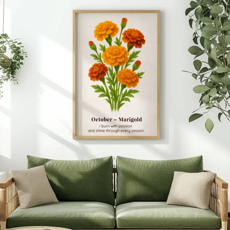 October Birth Flower Wall Art, Marigold Botanical Print, Instant Download, Birth Month Poster, Self-Care Birthday Gift