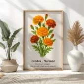 October Birth Flower Wall Art, Marigold Botanical Print, Instant Download, Birth Month Poster, Self-Care Birthday Gift