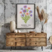 September Birth Flower Wall Art, Aster Botanical Print, Instant Download, Birth Month Poster, Self-Care Birthday Gift