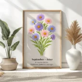 September Birth Flower Wall Art, Aster Botanical Print, Instant Download, Birth Month Poster, Self-Care Birthday Gift