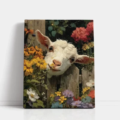 Baby Goat Peeking Through Flowers paint by numbers for adults DIY painting kit