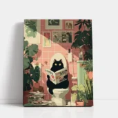 Black Cat Reading Newspaper in Pink Bathroom paint by numbers for adults DIY painting kit
