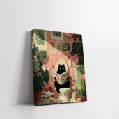 Framed Black Cat Reading Newspaper in Pink Bathroom paint by numbers cat wall art