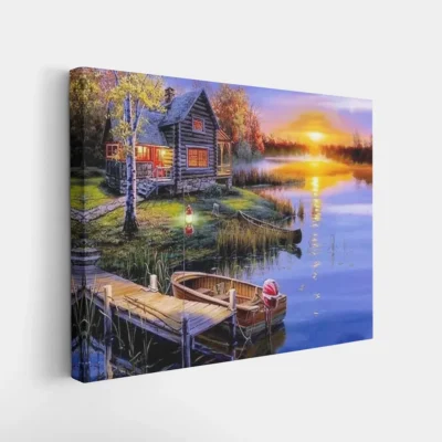 Framed Cabin by the Quiet Lake paint by numbers lakeside cabin wall art