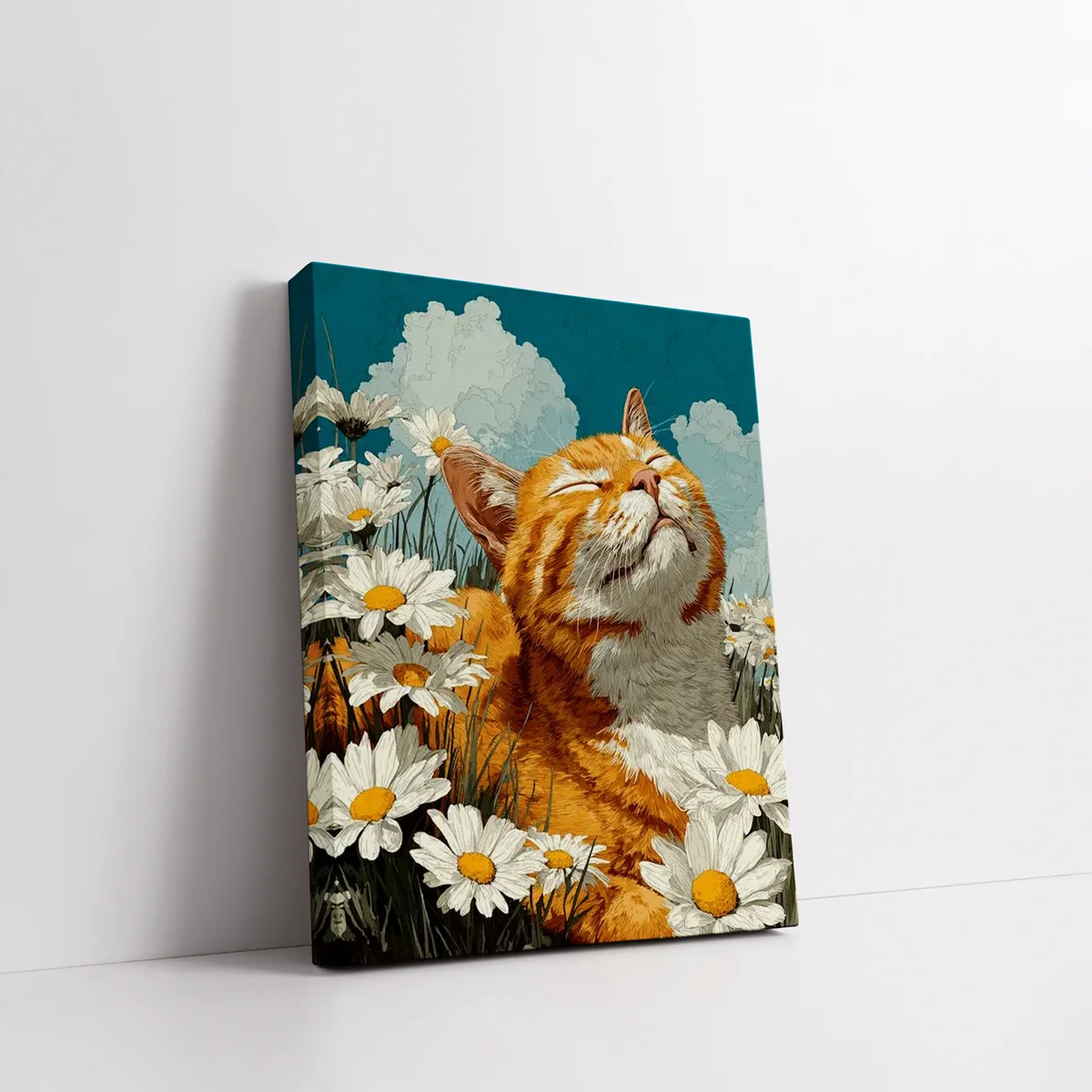 Framed Cat Among Daisies Under Blue Sky paint by numbers cat wall art