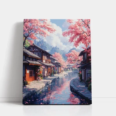 Cherry Blossom Canal Village paint by numbers for adults DIY painting kit