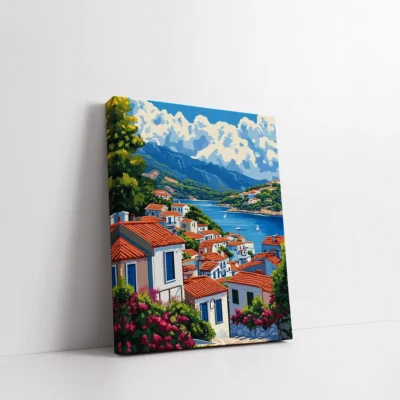 Framed Coastal Village Overlooking the Sea paint by numbers seaside village wall art