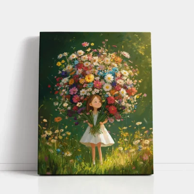 Cute girl holding wildflower bouquet paint by numbers for adults DIY painting kit