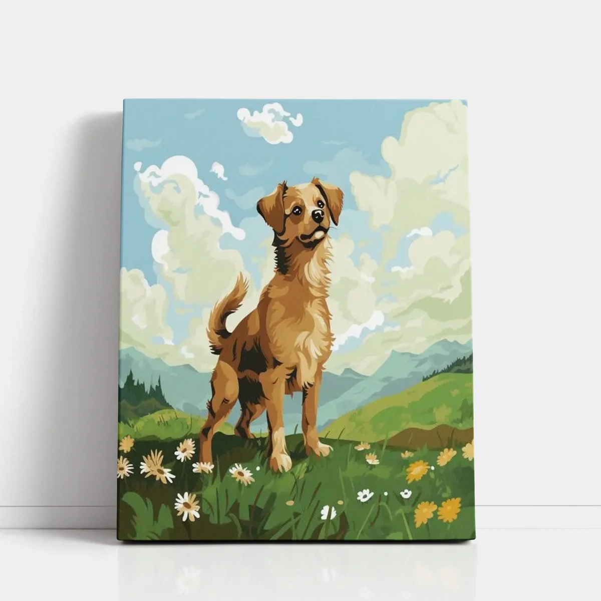 Dog-Standing-in-Flower-Fields-1 Dog Standing in Flower Fields paint by numbers for adults DIY painting kit