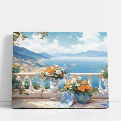 Floral Terrace Overlooking the Blue Coast paint by numbers for adults DIY painting kit