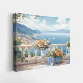 Framed Floral Terrace Overlooking the Blue Coast paint by numbers coastal wall art