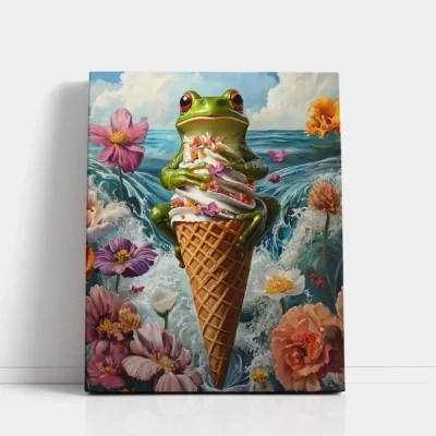 Frog on Ice Cream Cone with Flowers and Waves paint by numbers for adults DIY painting kit